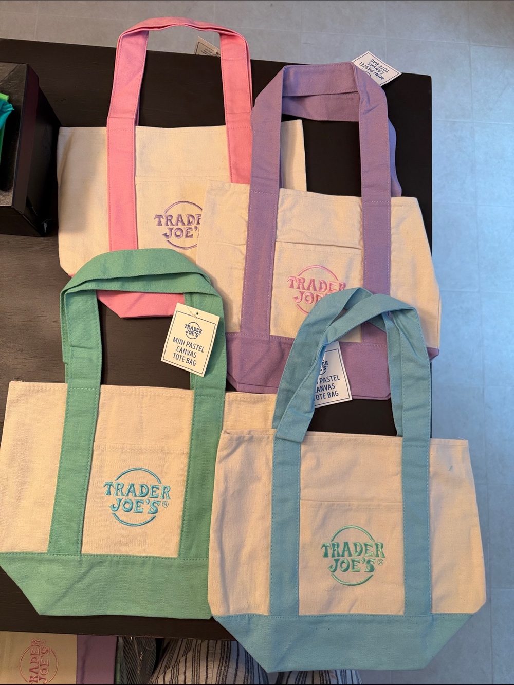 Trader Joe’s Mini Canvas Tote Bag LOT of 7 NWT Pastel Collection Blue Pink Green